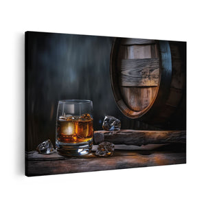 Canvas schilderij vooraanzicht Glas Whisky met IJsblokjes en een Houten Vat