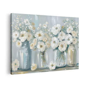 Canvas schilderij vooraanzicht Witte Bloemen in Stenen Potten
