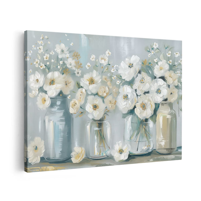Canvas schilderij vooraanzicht Witte Bloemen in Stenen Potten