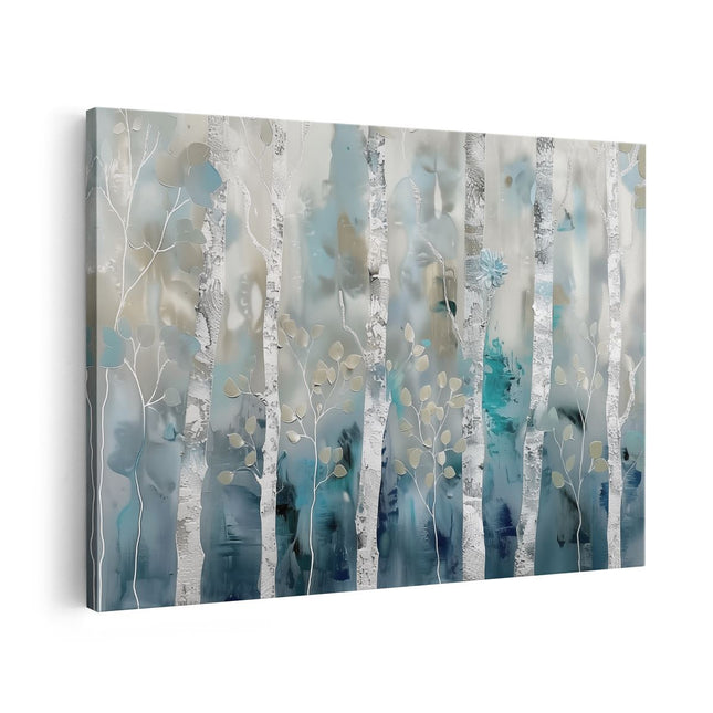 Canvas schilderij vooraanzicht Kunstwerk van Berkenbomen in Blauw en Wit