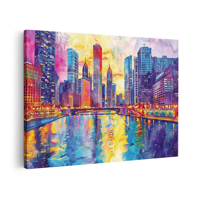 Canvas schilderij vooraanzicht Kunstwerk van de Chicago Rivier en Wolkenkrabbers