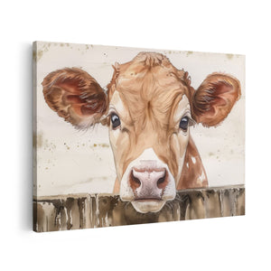 Canvas schilderij vooraanzicht Koe die over een Hek Kijkt