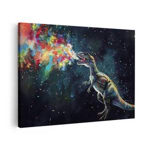 Canvas schilderij vooraanzicht T - Rex Blaast Kleurrijke Confetti