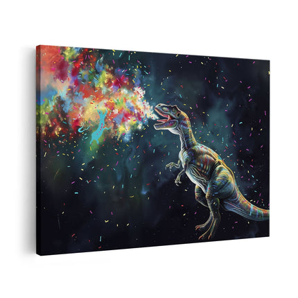 Canvas schilderij vooraanzicht T - Rex Blaast Kleurrijke Confetti