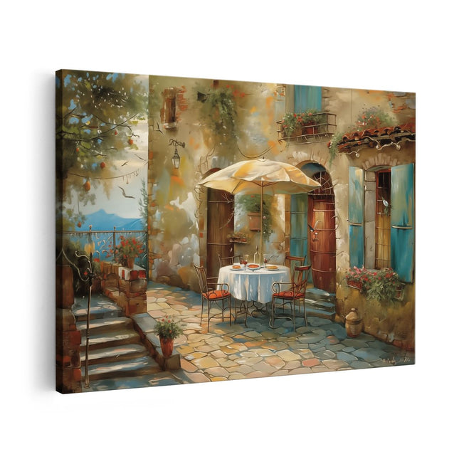Canvas schilderij vooraanzicht Kunstwerk van een Tafel en Stoelen op een Binnenplaats
