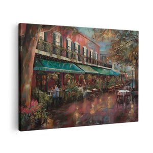 Canvas schilderij vooraanzicht Kunstwerk van een Restaurant in de Regen