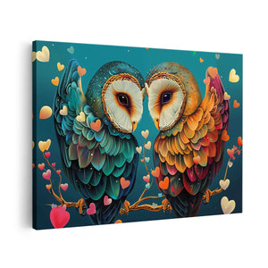 Canvas schilderij vooraanzicht Twee Uilen op een Tak met Hartjes