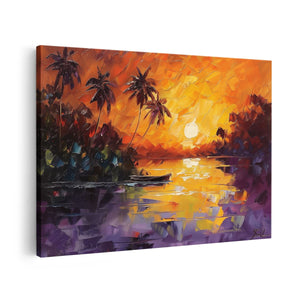 Canvas schilderij vooraanzicht Zonsondergang met Palmbomen en een Boot
