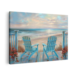 Canvas schilderij vooraanzicht Twee Adirondackstoelen op een Terras met Uitzicht op de Oceaan