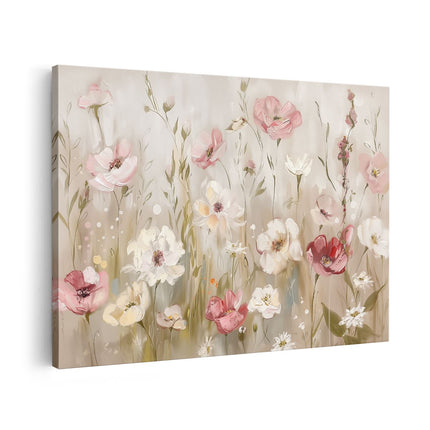 Canvas schilderij vooraanzicht Roze en Witte Bloemen in een Veld