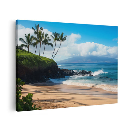 Canvas schilderij vooraanzicht Strand met Palmbomen en een Berg op de Achtergrond