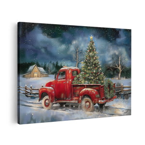 Canvas schilderij vooraanzicht Rode Vrachtwagen met een Kerstboom