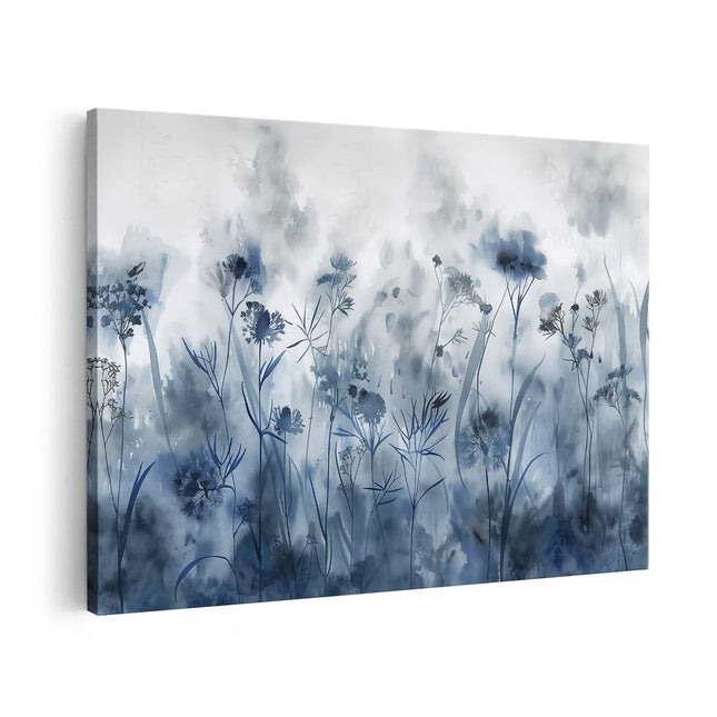 Canvas schilderij vooraanzicht Aquarelkunstwerk van een Veld met Blauwe Bloemen