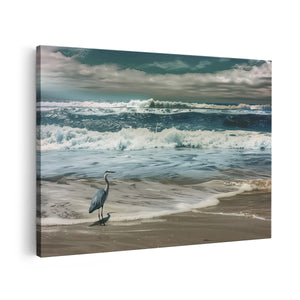 Canvas schilderij vooraanzicht Reiger Staat aan de Oever van de Oceaan