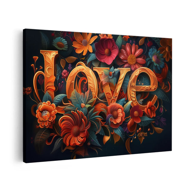 Canvas schilderij vooraanzicht Het Woord Liefde is Omgeven door Bloemen
