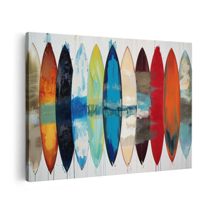 Canvas schilderij vooraanzicht Groep Surfplanken Geschilderd in Verschillende Kleuren