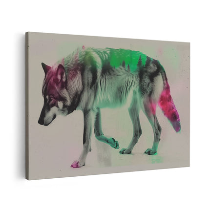 Canvas schilderij vooraanzicht Wolf loopt voor een Kleurrijke Achtergrond