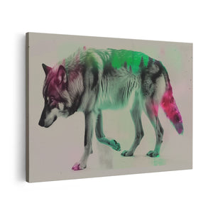 Canvas schilderij vooraanzicht Wolf loopt voor een Kleurrijke Achtergrond