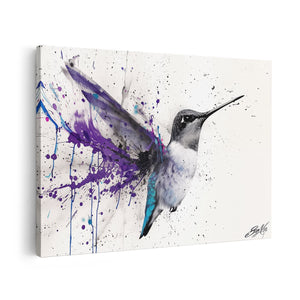 Canvas schilderij vooraanzicht Kolibrie met Paarse Verfspatten