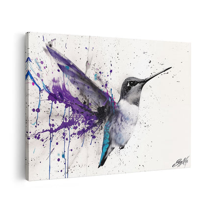 Canvas schilderij vooraanzicht Kolibrie met Paarse Verfspatten