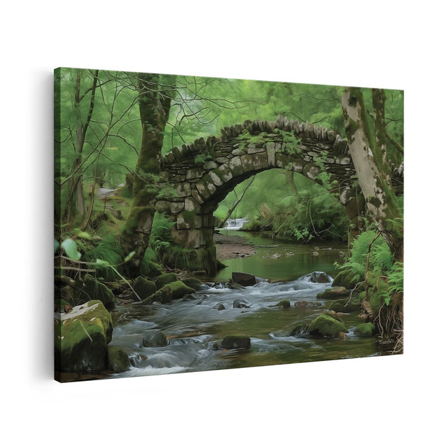 Canvas schilderij vooraanzicht Stenen Brug over een Beekje in het Bos