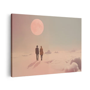 Canvas schilderij vooraanzicht Twee Mensen die Bovenop Wolken Staan ​​Met een Volle Maan Achter Hen