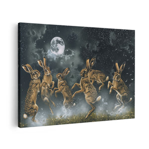 Canvas schilderij vooraanzicht Hazen Springen in het Maanlicht