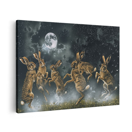 Canvas schilderij vooraanzicht Hazen Springen in het Maanlicht