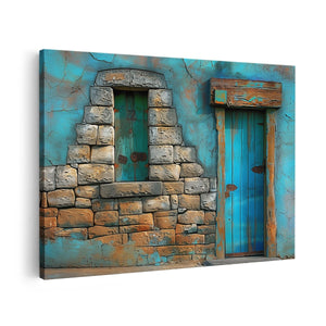 Canvas schilderij vooraanzicht Blauwe Deur en een Stenen Muur