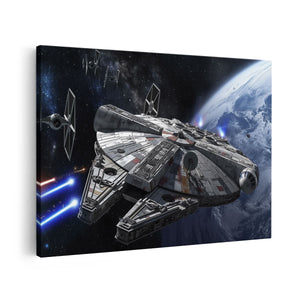 Canvas schilderij vooraanzicht Afbeelding van een Star Wars Millenniumvalk die over de Aarde Vliegt