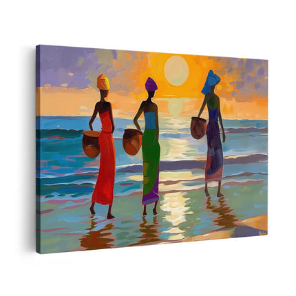 Canvas schilderij vooraanzicht Drie Vrouwen Lopen op het Strand bij Zonsondergang