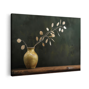 Canvas schilderij vooraanzicht Vaas met Bladeren erin op een Tafel