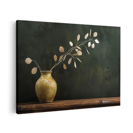 Canvas schilderij vooraanzicht Vaas met Bladeren erin op een Tafel