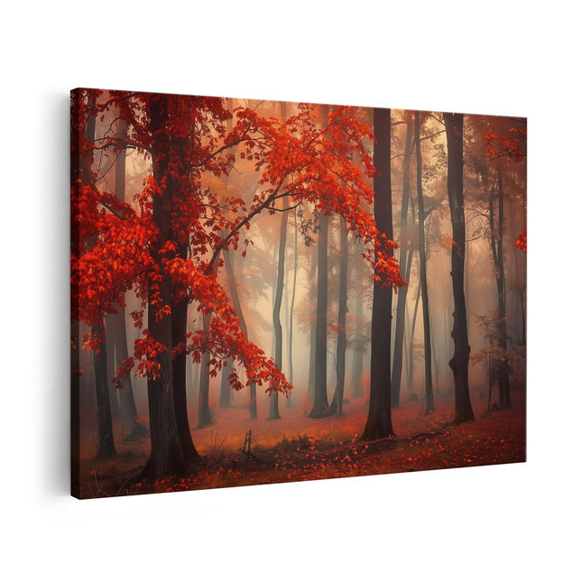 Canvas schilderij vooraanzicht Rode Bladeren in een Mistig Bos