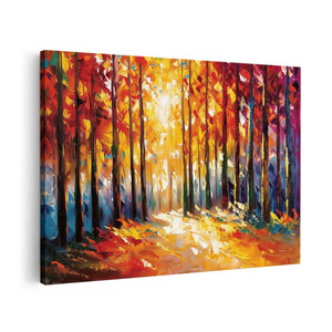 Canvas schilderij vooraanzicht Kunstwerk van een Bos met Felle Kleuren