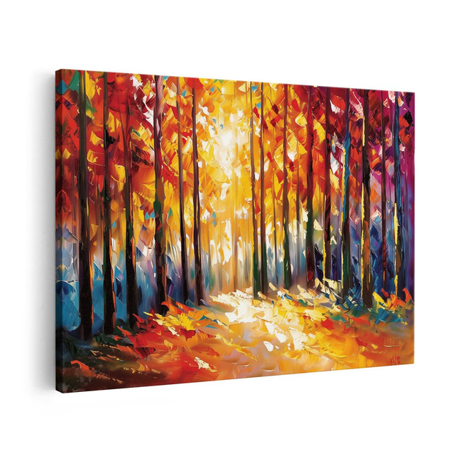 Canvas schilderij vooraanzicht Kunstwerk van een Bos met Felle Kleuren