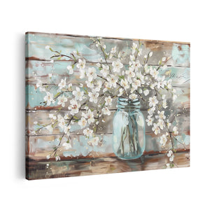 Canvas schilderij vooraanzicht Witte Bloemen in een Glazen Pot