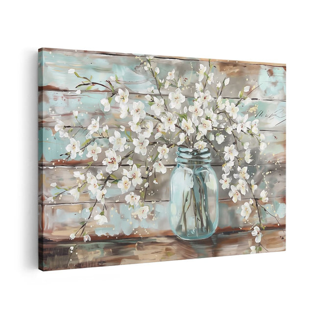 Canvas schilderij vooraanzicht Witte Bloemen in een Glazen Pot
