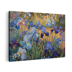 Canvas schilderij vooraanzicht Blauwe Irissen in een Veld