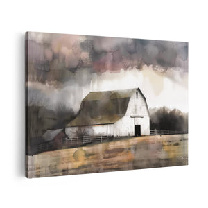 Canvas schilderij vooraanzicht Schuur in een Veld met een Stormachtige Lucht