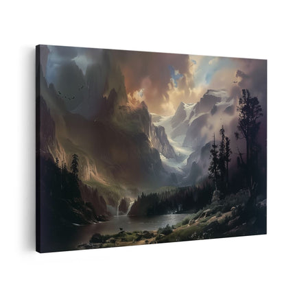 Canvas schilderij vooraanzicht Berglandschap met Bomen en Wolken