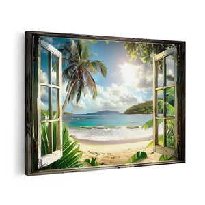 Canvas schilderij vooraanzicht Uitzicht op het Strand door een Open Raam