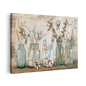 Canvas schilderij vooraanzicht Blauwe Stenen Potten met Bloemen Erin