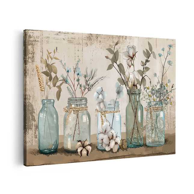Canvas schilderij vooraanzicht Blauwe Stenen Potten met Bloemen Erin