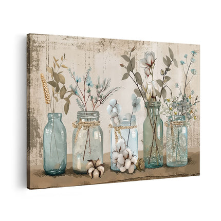 Canvas schilderij vooraanzicht Blauwe Stenen Potten met Bloemen Erin
