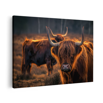 Canvas schilderij vooraanzicht Twee Hooglandkoeien in een Veld