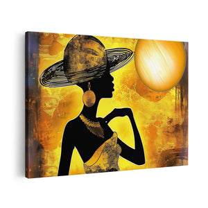 Canvas schilderij vooraanzicht Silhouet van een Vrouw die een Hoed Draagt
