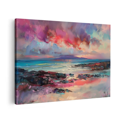 Canvas schilderij vooraanzicht Kunstwerk van een Strand met Kleurrijke Wolken