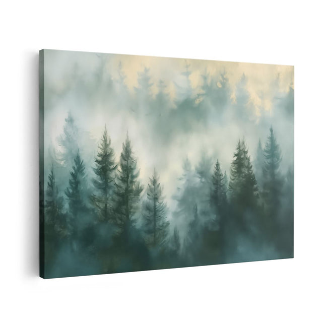 Canvas schilderij vooraanzicht Kunstwerk van een Mistig Bos
