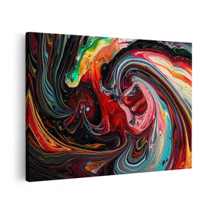 Canvas schilderij vooraanzicht Kleurrijke Wervelingen van Verf op een Zwarte Achtergrond